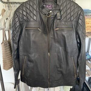 Massa Mens Black Leather Jacket with Shoulder Pads, XL